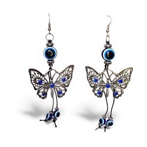 NWT Handmade Long Dangle Silver and Blue Butterfly Earrings